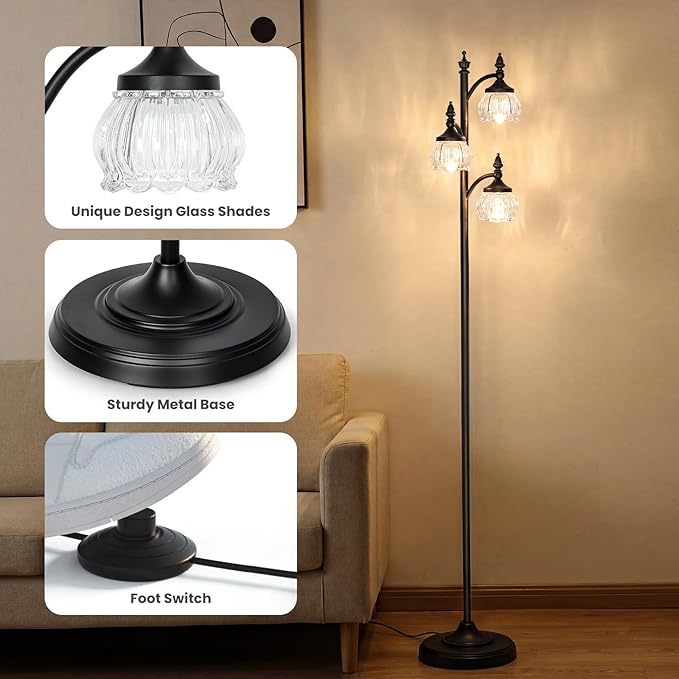 Black Standing Lamps for Living Room 66.5in Floor Lamps with Glass Shade 3 Way Brightness Lights Dimmable Modern Corner Lamp for Bedroom Office(3LED Bulbs Included)