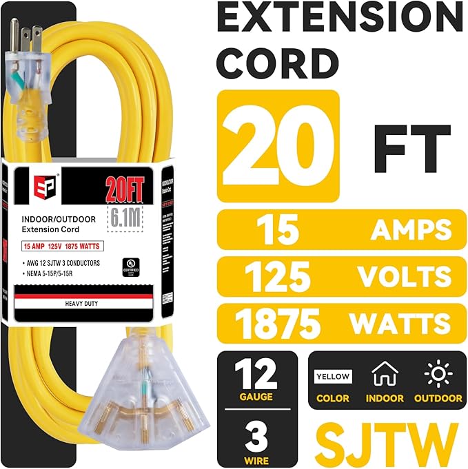 EP 20 Ft 12 Gauge Heavy Duty Extension Cord, 15A 125V 1875W, 3 Outlet Indoor/Outdoor Power Cord with Lighted End, 12/3 SJTW Weatherproof Yellow, UL Listed