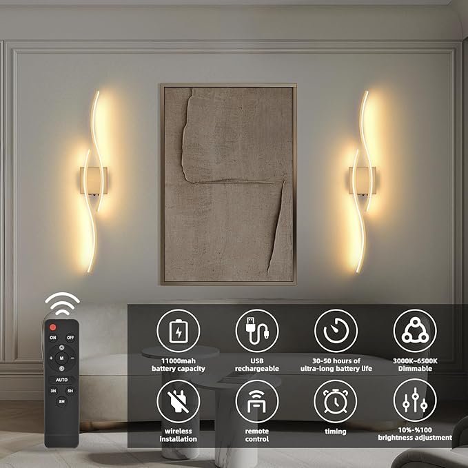 Battery Powered Wall Sconces Set of 2, Gold 31.4" LED Dimmable Wall Sconce with Remote Control/Timer/Memory, USB Rechargeable Wall Lights for Living Room, Bedroom, Hallway Wireless scones Lighting