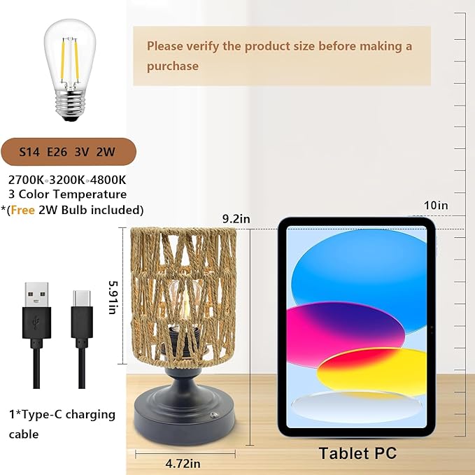 Cordless Rechargeable Table Lamps Night Light Desk Lamp, Battery Operated Farmhouse Table Lamp Boho Rattan Shade Stepless Dimmable for Outdoor Patio, Living Room, Bedroom (Bulb Included)