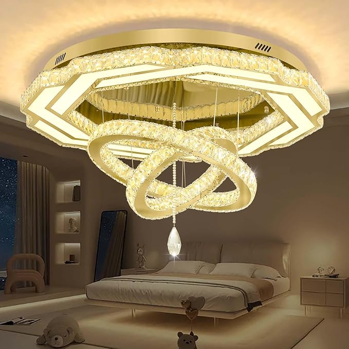 Flashing God Modern Crystal Chandelier,Large Ceiling Chandelier Gold Pendant Lighting Crystal Ceiling Light for Dining Living Room Bedroom