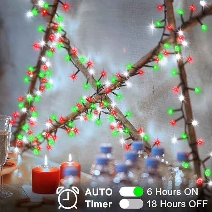 2 Pack Christmas Lights Red White Green, Total 20Ft 400 LED String Lights with Timer 8 Modes Cluster Firecracker Light for Tree Room Garden Outdoor Decor