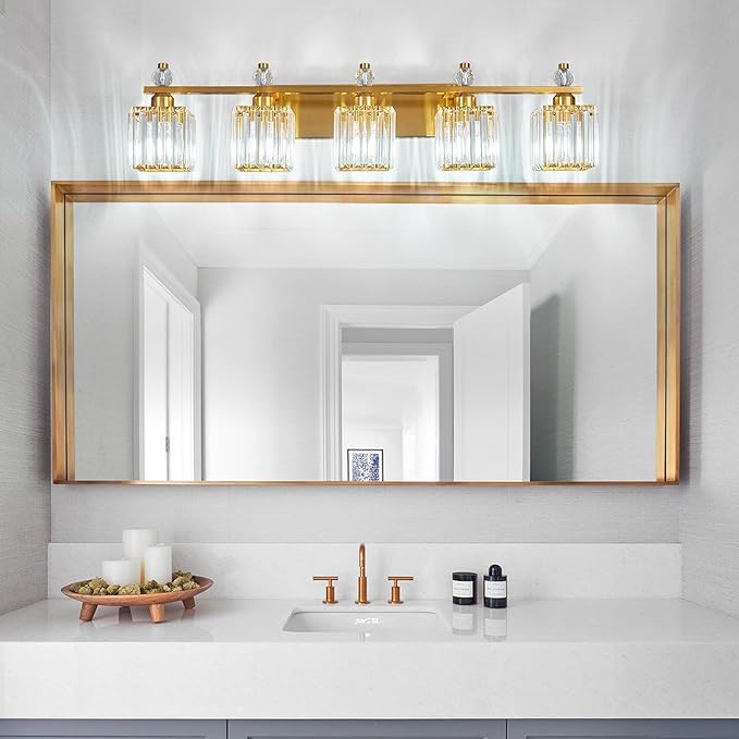 Vanity Lights 5-Light Modern Crystal Vanity Light Gold Bathroom Light Fixtures Over Mirror Crystal Bathroom Vanity Lighting Fixtures