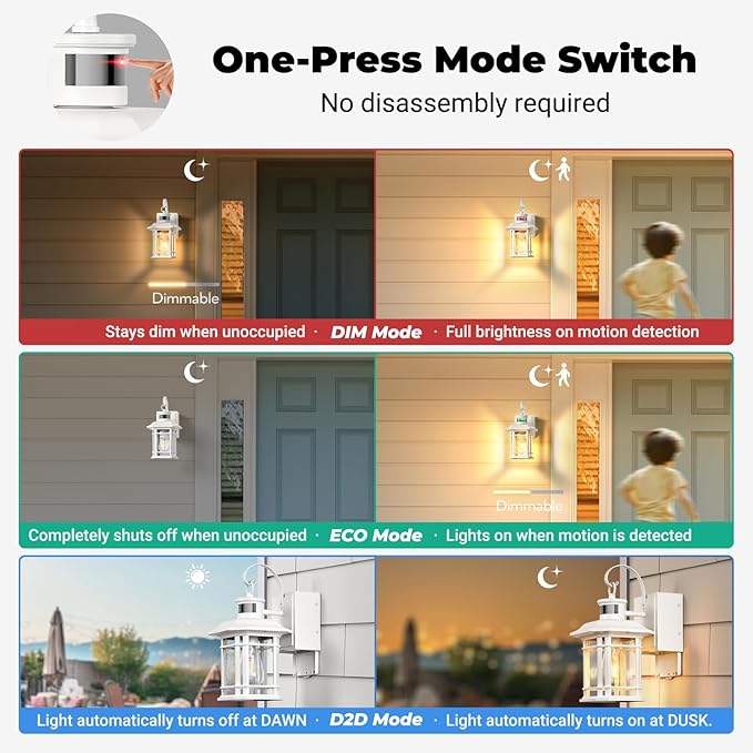 2 Pack White Porch Light with GFCI Outlet, 3 Modes Motion Sensor Exterior Lighting Fixtures, Dusk to Dawn Outside Lights for House, Porch, Garage, Waterproof, Anti-Rust