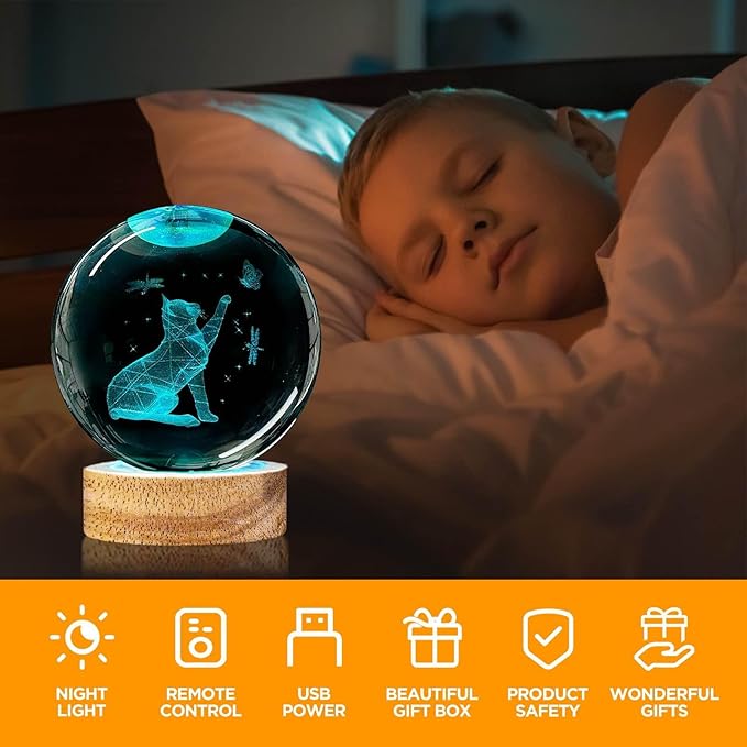 3D Cat Crystal Ball Night Light 3.15In Cat Figurines Glass Ball Lamp with 16 Color and Remote Birthday Christmas Gifts for Women Girl Friends Cat Lover Decor