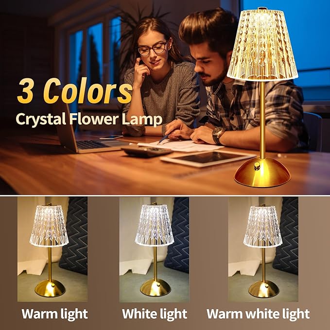 Metal Cordless Table Lamp Touching Control Crystal Lamp, Rechargeable Diamond Table Lamps with 3 Color Changing Light, Table Lamp Modern Style Bedside Lamp for Bedroom,Office,Bar,Wedding