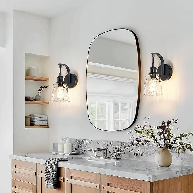 Blck Wall Sconce, Modern Matte Black Sconces Wall Lighting, Vintage Glass Light Fixtures for Bathroom Vanity Mirror Living Room Bedroom Kitchen Hallway Stairway E26 Hardwire