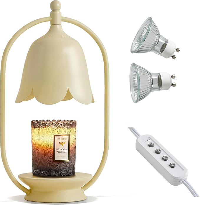 Beige Flower Candle Warmer Lamp, Christmas Gift New Year Present Wedding Lamp - Timer Dimmable, Bedroom House Aesthetic Living Girls Women Mom Room New Home Decor