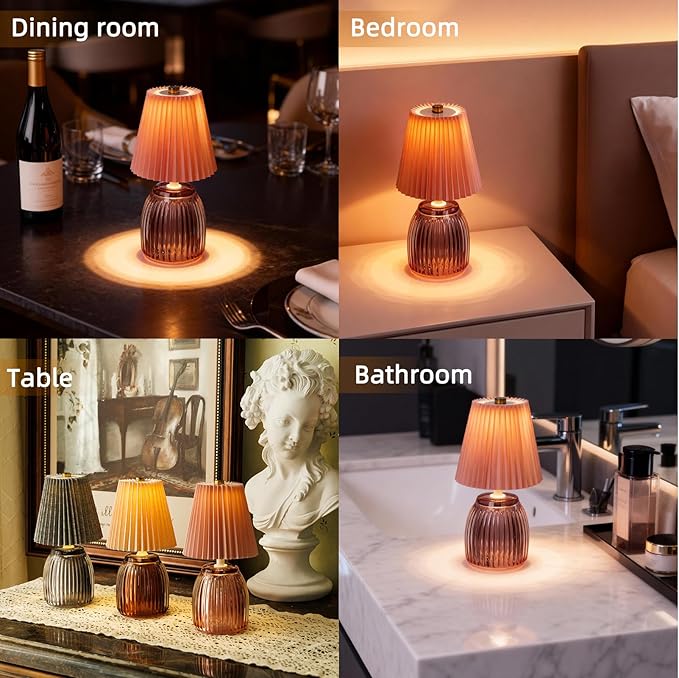 MJ PREMIER Small Battery Operated Lamp for Home Cordless Lamps with Timer 8.7 in High Battery Powered Pleated Lamp Emergency Small Lamps for Cozy Bedside Living Room Shelf Entryway Pink