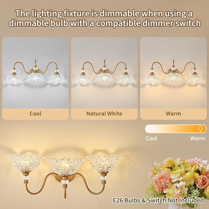 Vintage Bathroom Vanity Light, 3-Light Matte Deep Brass Finish Vanity Light with Flower-Shaped Clear Glass Shades, Retro Wall Sconce for Bathroom