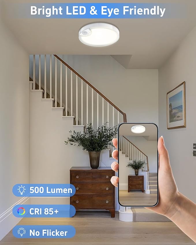 TOOWELL Rechargeable Motion Sensor Ceiling Light: Battery Operated Shower Light Waterproof, Wireless Closet Lights Indoor, Motion Sensor Lights for Closet Shower Bathroom Porch 500LM, 2 Pack