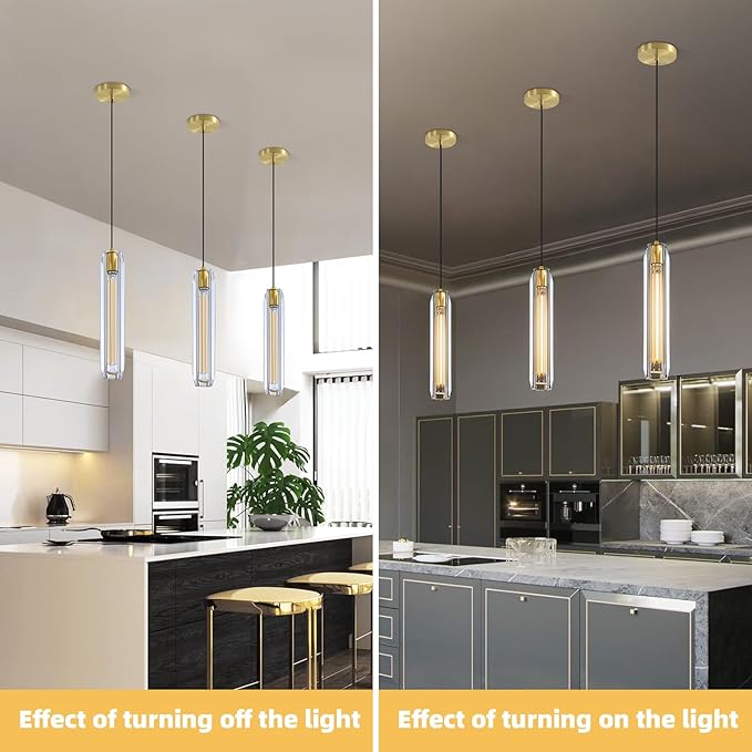 Modern K9 Crystal Kitchen Island Pendant Light,14.95'' Clear Crystal Island Pendant Lights,1 Light Indoor Crystal Pendant Light, for Kitchen Dining Bathroom Bedroom,Included 2 Bulb