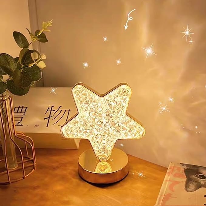 Countertop Crystal Lamps Star Table Lamps with Base Touch Control,Rechargeable and Dimmable Bedside Nightstand Nursery Light 3 Color Adjustable, Christmas Ramadan Bedroom Decorations Gift,7x4x4in