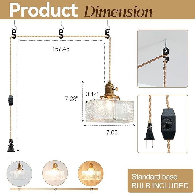 Plug in Pendant Light for Ceiling, 7.09 Inch Vintage Light Fixtures Clear Glass Lampshade Hanging Lights with Plug in Cord Two Ways Switches Industrial Pendant Lights for Bedroom Living Room