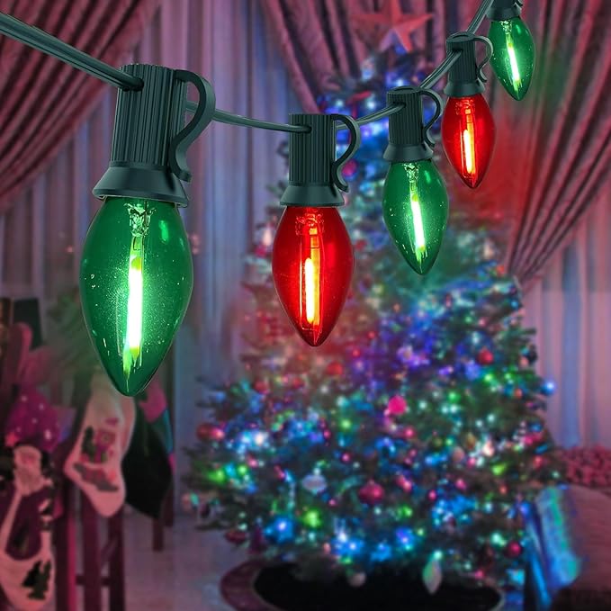25FT C7 Christmas Lights Outdoor, Red Green Classic 2-Color LED String Lights for Roof, Fence, Tree, Traditional Holiday Decor