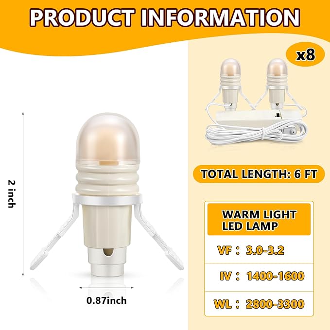 Roowest 8 Pack Accessory Cord with 2 LED Light Bulbs 6 Ft Warm Light Accessories for Halloween Christmas Village House Decorations Indoor DIY Crafts Salt Lamp Pumpkin Lights Decors