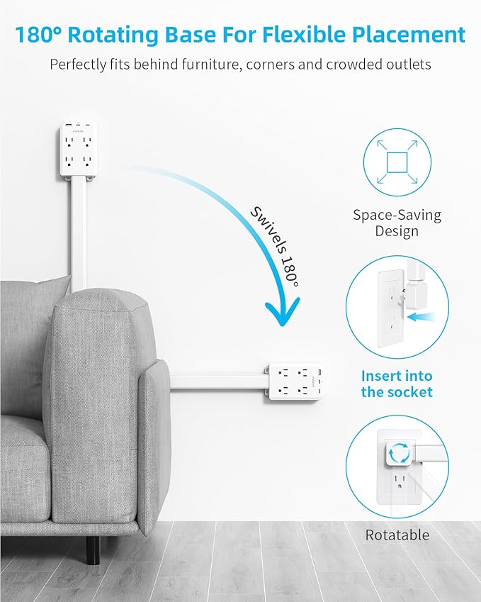 Electrical Outlet Extender Stick with USB Ports(2 USB C), 180° Rotating Extendable Wall Plug with 4 AC Outlet, Adjustable 17.7"-27" Extendable Power Strip Stick for Behind Couch, Desk and Bed
