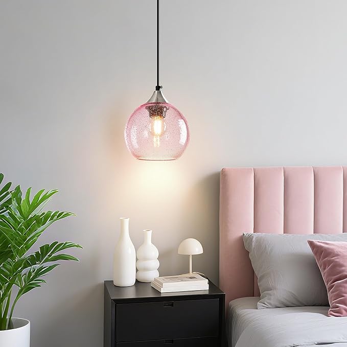 Pink Glass Pendant Lights Kitchen Island Globe Pendant Light Fixtures Modern Pendant Lighting for Bedroom Living Dining Room Light Fixture (5.9 in, 1 Pack)