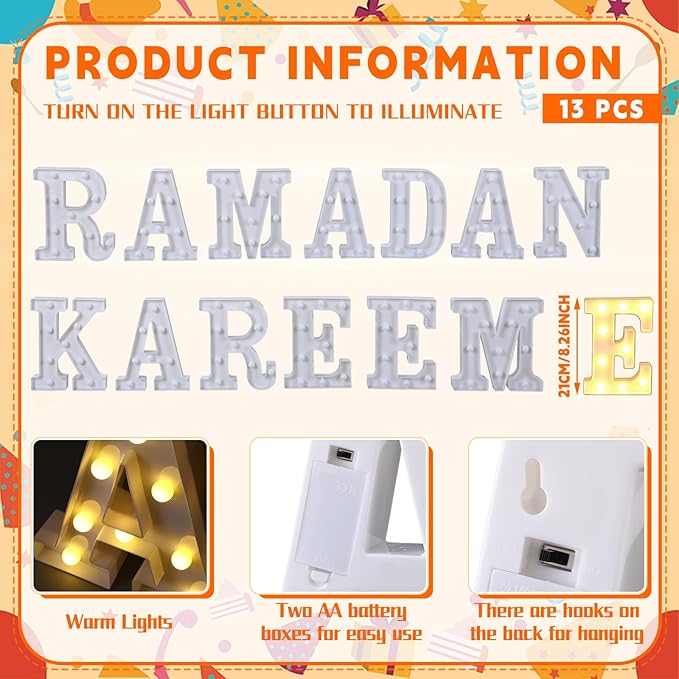 13 Pcs Ramadan Kareem Large LED Letter Sign Ramadan Kareem Lights Battery Powered Table Decorations for Room Bedroom Home House Party Gift Tabletop Decorations