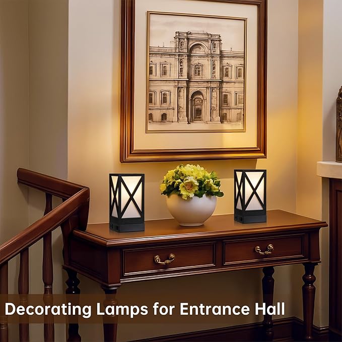 Table Lamp, Set of 2 Rustic Farmhouse Nightstand Lamps, 3 Color Temperatures Desk Lamp with USB Charging Ports AC Outlet Vintage Lamp for Living Room Bed Room, Black