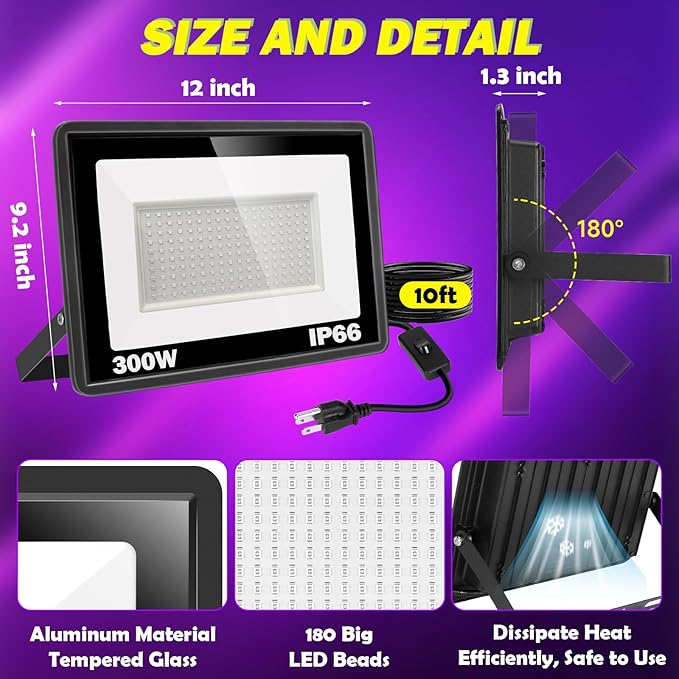 2 Pack 300W LED Black Light, IP66 Waterproof Outdoor Blacklight Flood Light Spotlight with Plug, Switch, Cord for Neon Glow Party Fluorescent Poster Body Paint Stage Lighting Halloween Decor