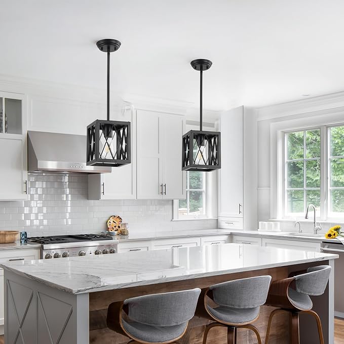 KEESFU Farmhouse Pendant Light with Metal Cage,1 Light Black Pendant Lighting for Kitchen Island,39 Inch Adjustable Rods for Flat and Slop Ceiling,Kitchen Island Hallway Foyer.2 Pack.