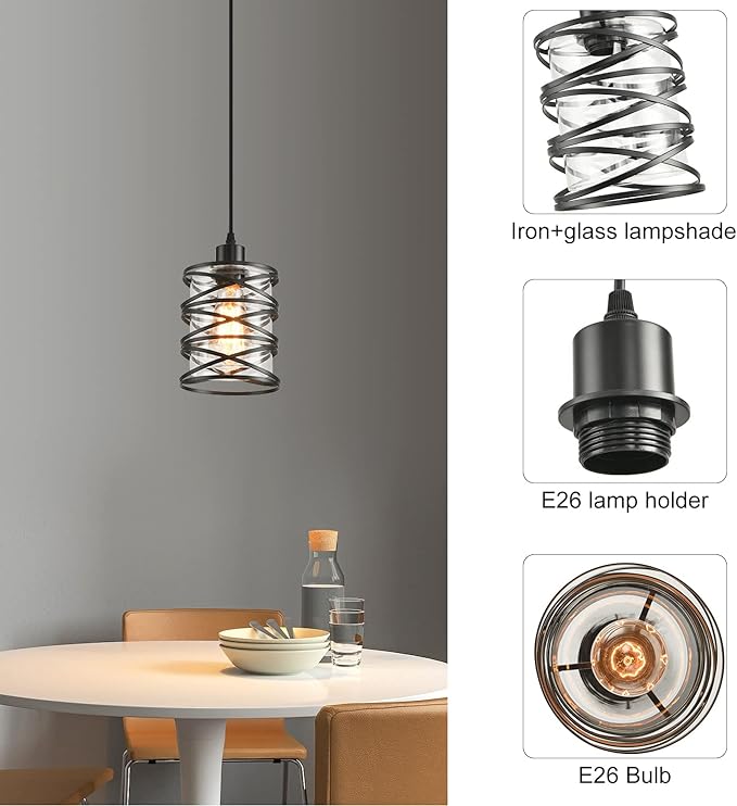 2 Pack Black Spiral Cage Pendant Lights with Clear Glass Shade, Suitable for Kitchen Island, Dining Table, Entryway, Restaurant