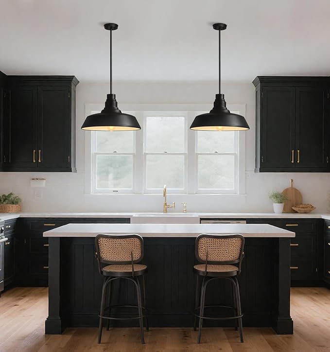 Large 15" Black Farmhouse Pendant Barn Light Suspension Light Fixture, Kitchen Island Chandelier Industrial Dome Ceiling Lighting Dining Room Large Vintage Lamp for Indoor Living Room