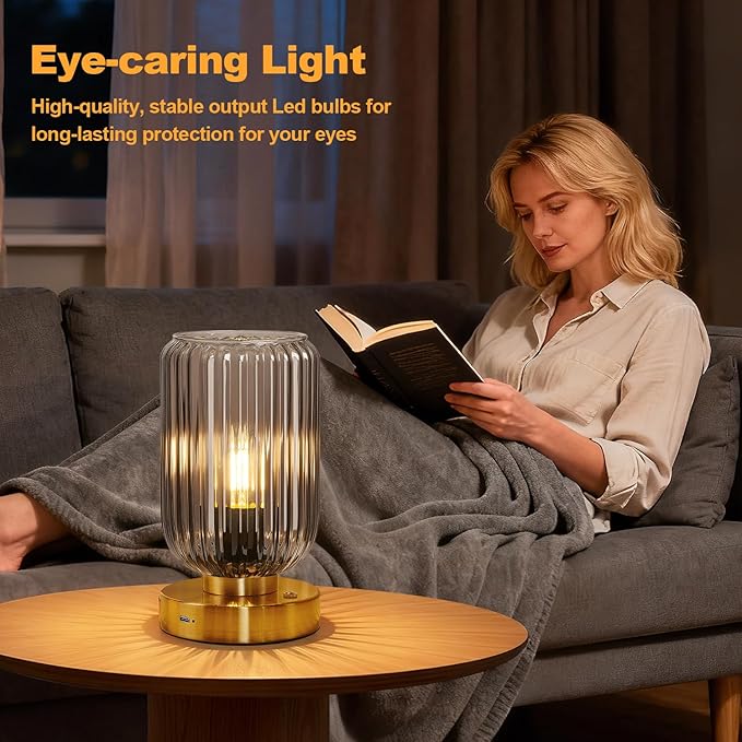 LigthRound Touch Table Lamp for Bedroom, Cordless Bedside Small Table Lamp, Dimmable Rechargeable Battery Operated Lamp for Nightstand, Bedside, Living Room, Desk, LED Bulb Included