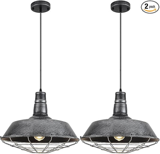 Large Farmhouse Pendant Lights 2 Pack, 18.1 Inch Oversized Industrial Pendant Light, Black and Silver Barn Pendant Light with Wire Cage, Island Pendant Lights for Kitchen Barn Warehouse