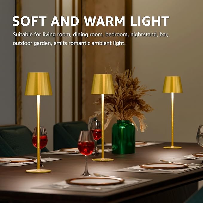 uuffoo 2 Pack Cordless Table Lamp Rechargeable 5000mAH Battery Operated Lights Touch Control LED Portable Desk Lamps 3 Color Dimming for Outdoor Coffee Bedroom Kitchen (Gold)