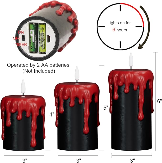 DRomance Battery Operated Flameless Candles with 6H Timer, Blood Dripping Wax Effect Black LED Pillar Candles 3D Wick Flickering Spooky Halloween Indoor Decoration Light(3 Pack, 3 x 4,5,6 Inches)