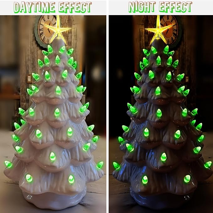 Ceramic Christmas Tree Replacement Lights Bulbs, Green Medium Twist Plastics Pegs Ornaments for Ceramic Tree(87 Bulbs＆ 3 Topper Star)