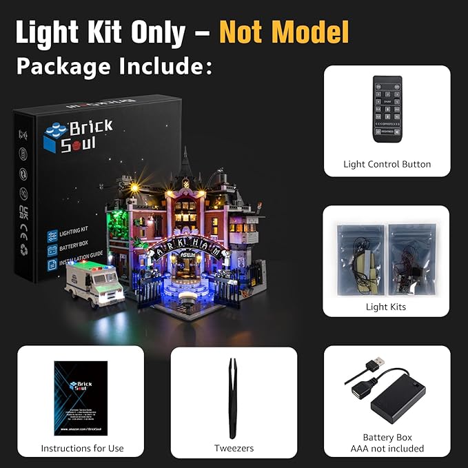 BrickSoul Advanced RC Light Kit for Lego Arkham Asylum 76300 Building Set | Upgraded Wireless ON/Off & Dimming & Zonal Lighting with Hidden Cable Tech | Easy Install (76300 Set NOT Included)