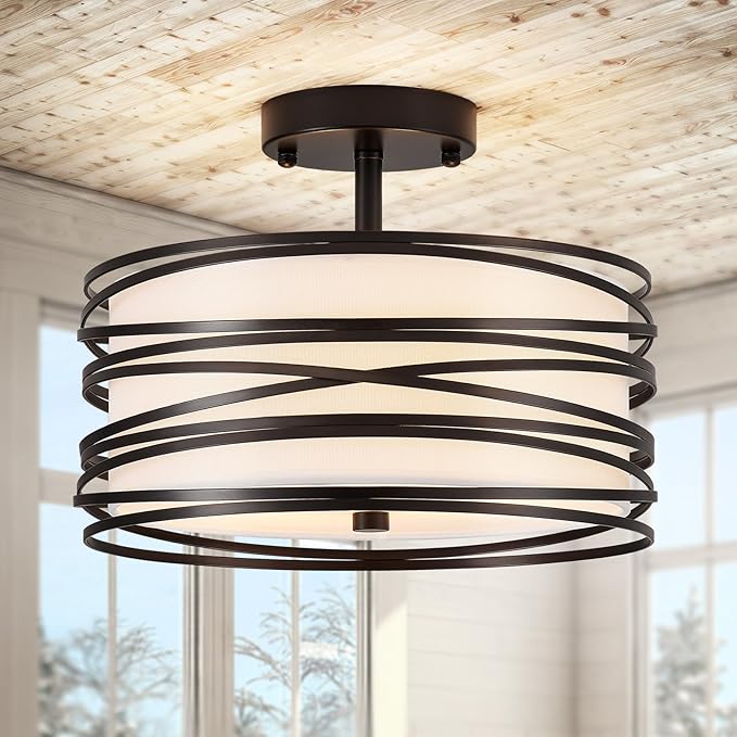 Drum Semi Flush Mount Ceiling Light Fixture Vintage Modern Farmhouse 2-Lights Linen Drum Ceiling Lighting Rustic Black Ceiling lamp for Dining Room, Bedroom, Kitchen, Laundry Room