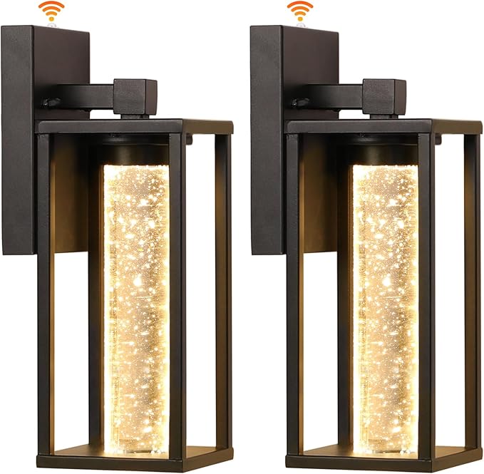 WIHTU Dusk to Dawn Porch Light, Sensor Outdoor Light Fixture for House with Crystal Bubble, Modern Matte Black Exterior Lighting Fixtures, 2 Pack Outside Lanterns for Garage Entryway