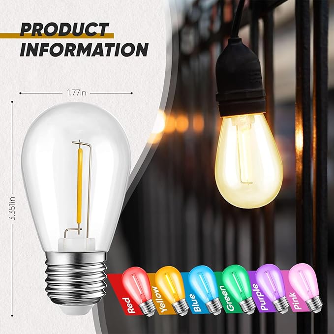 30-Pack Colored String Light Bulbs, S14 LED Replacement Bulbs for Outdoor String Lights, Patio Light Bulbs, 1W E26 Base for Christmas Halloween,Holiday Lighting,Home Decor