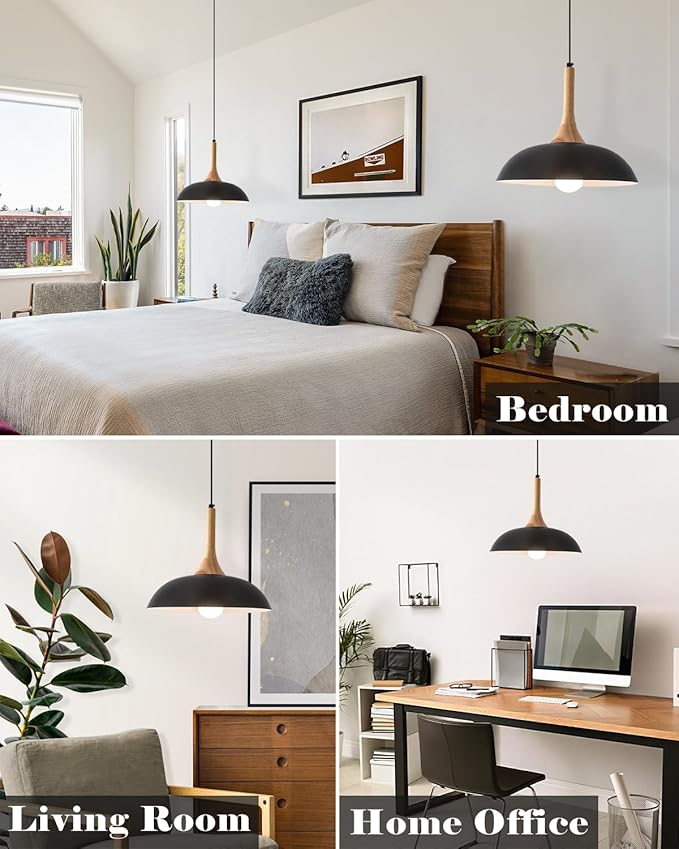 Black Pendant Lights Kitchen Island,2 Pack Modern Pendant Light with Wood Cap, 13.8 inch Dome Pendant Light for Kitchen, Dining Room, Living Room