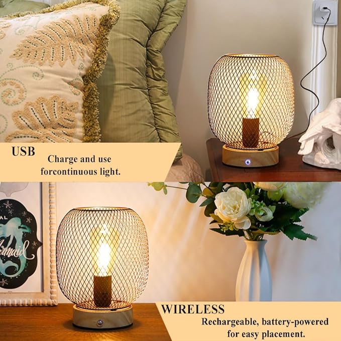 JHY DESIGN Set of 2 Dimmable Touch Bedside Table Lamps 7.5''H Metal Cage Rechargeable Battery Powered Accent Lamps with LED Bulb for Dining Table Parties Patio Indoors Outdoors(Round, Wooden Base)