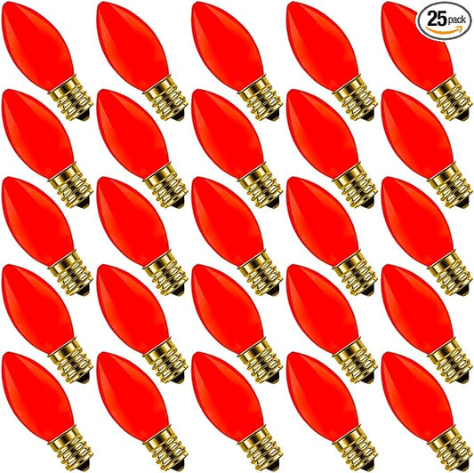 25 Pack C9 Ceramic Christmas Replacment Bulbs, Red Light Bulbs for E17 Candelabra Base Outdoor/Indoor Christmas String Lights, 7 Watt