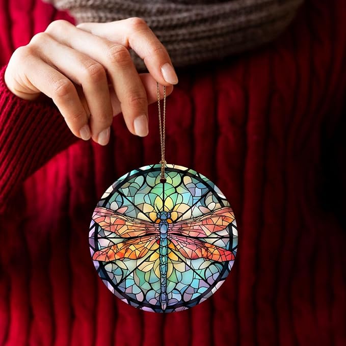 Dragonfly Mandala Glass Painting Christmas Ornaments, Christmas Decorations Xmas Tree Hanging Ornaments, Round Ceramic Festive Keepsake Gift for Xmas Decorations Holiday Home Decor