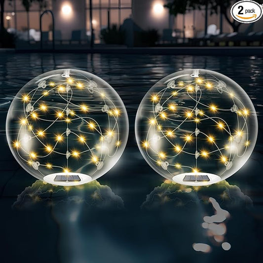 Floating Pool Lights Solar Powered,14 Inch 3000K Warm White Inflatable Glow in The Dark Balls,IP68 Waterproof Led Light up for Inground Pool,Christmas Decorations Outdoor Ornaments