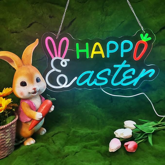 Happy Easter Neon Sign, Rabbit Shape Dimmable LED Easter Yard Sign Light, Easter Neon Sign for Wall Room Windows Lawn Party Decorations Easter Hanging Sign for Spring Front Yard Sign