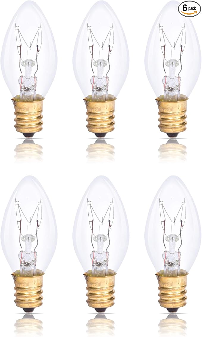 Simba Lighting C7 15W Replacement Bulb (6 Pack) for Himalayan Salt Rock and Basket, Plug in Aromatic Wax Warmer, Night Light, Clear Candle Shape, 120V, E12 Candelabra Base, Dimmable, 2700K Warm White