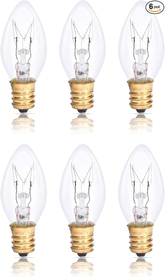 Simba Lighting C7 15W Replacement Bulb (6 Pack) for Himalayan Salt Rock and Basket, Plug in Aromatic Wax Warmer, Night Light, Clear Candle Shape, 120V, E12 Candelabra Base, Dimmable, 2700K Warm White