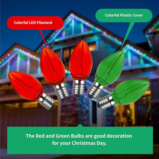 Meconard C7 Led Replacement Christmas Light Bulb, C7 Shatterproof Led Bulbs for Christmas Indoor Outdoor String Lights, E12 Candelabra Base Red Light Bulbs Green Light Bulb, 25 Pack