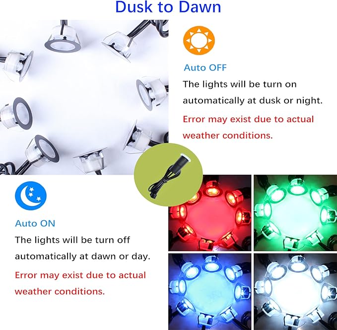 LED Outdoor Deck Lights with Photocell, RGB Φ1.77in Low Voltage 12V DC IP67 Waterproof, Remote Dimmable Multi Color Change, Electric Wired Recessed Stair Step Landscape Lighting, 8 Pack Black