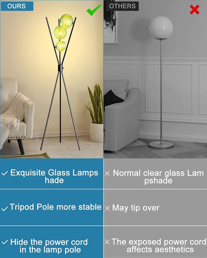 Lightdot Dimmable Black Tripod Floor Lamp, Mid Century Standing Lamps with 3 Globe Green Glass Lampshade& Bulb Included, 3000K Bulbs Included Modern Tall Lamp for Living Room/Sofa Beside/Corner Decor