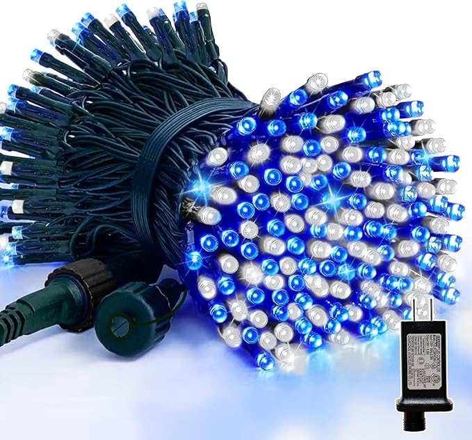 LAMPHOME 33ft Christmas Decorative Mini Lights, 100 LED Green Wire Fairy Starry String Lights Plug in, 16 Lighting Modes for Outdoor Xmas Tree Wedding Party Decoration (White+Blue)