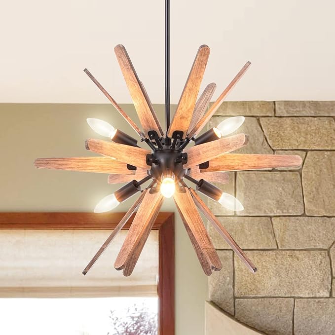 6-Light Sputnik Pendant Light Black, Wood Chandelier for Dining Room Rustic Light Fixture Ceiling Hanging for Bedroom Entryway Kitchen Loft